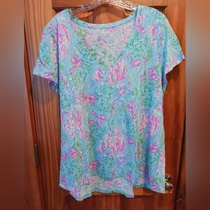 Lilly Pulitzer Etta Tee Blue/pink Reef Scene XL NWOT